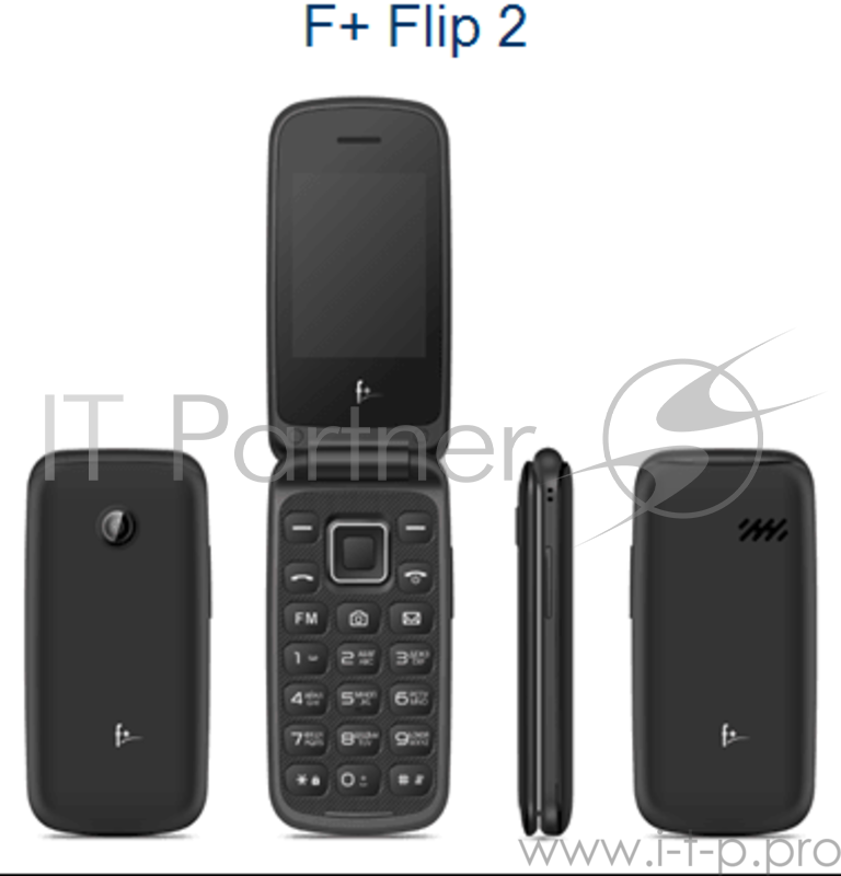 Телефон сотовый f+ Flip2 Black, 2.4 240х320, 32MB RAM, 32MB, up to 32GB flash, 0.08Mpix, 2 Sim, BT v3.0, Micro-USB, 750 мА·ч, 100g, 106,3 ммx51,5 ммx15,2 мм