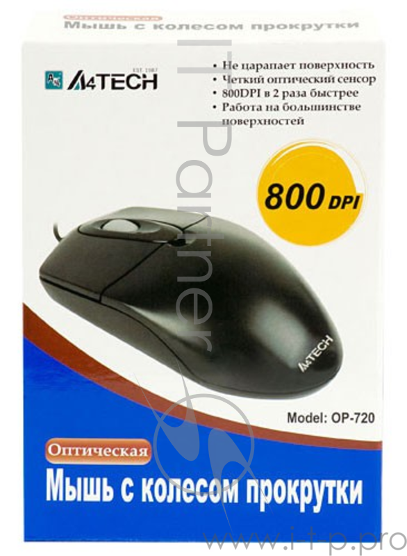 Мышь A4Tech OP-720 (черный) USB, пров. опт. мышь, 2кн, 1кл-кн