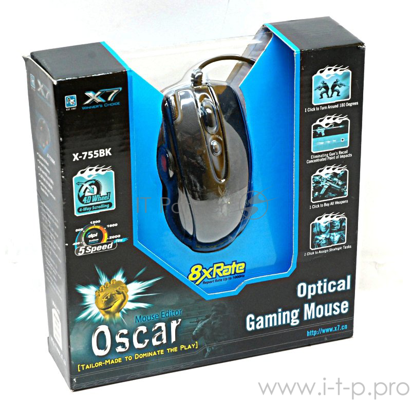 Мышь A4 X-755BK черный оптическая (2000dpi) USB игровая (9but)