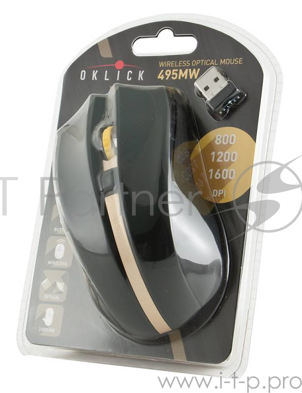 Мышь Oklick 495MW черный/золотистый Мышь оптическая (1600dpi) беспроводная USB (6but)