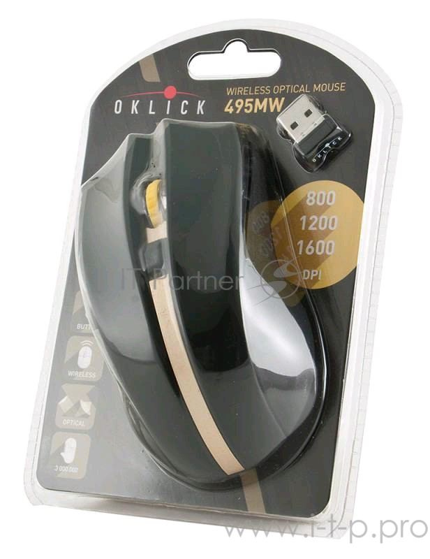Мышь Oklick 495MW черный/золотистый Мышь оптическая (1600dpi) беспроводная USB (6but)