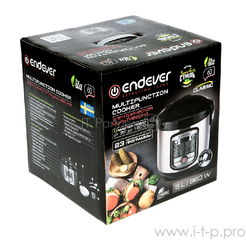 Мультиварка Endever Vita-60, 860 Вт., чаша 5 л., 23 программы + Мастер-повар, таймер 24 ч., черный/сталь
