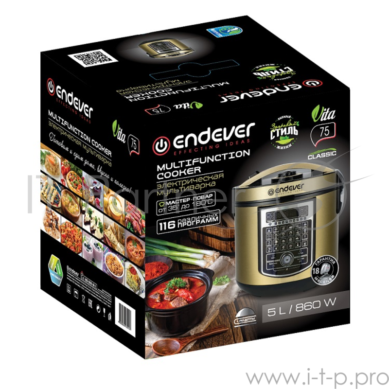 Мультиварка Endever Vita-75, 860 Вт., чаша 5 л., 116 программ + Мастер-повар, таймер 24 ч., черный/золотистый