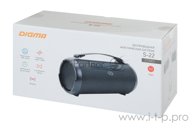 Колонка порт. Digma S-22 черный 15W 1.0 BT 1500mAh (SP2215B)