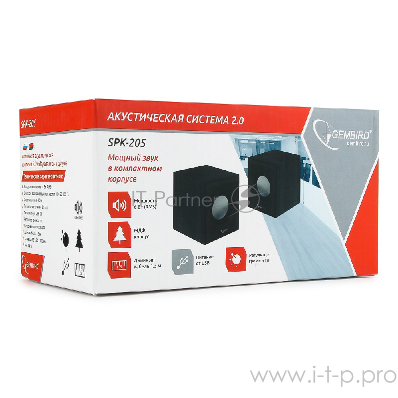 Акустич. система 2.0 Gembird SPK-205, МДФ, черный, 6 Вт, регулятор громкости, USB-питание