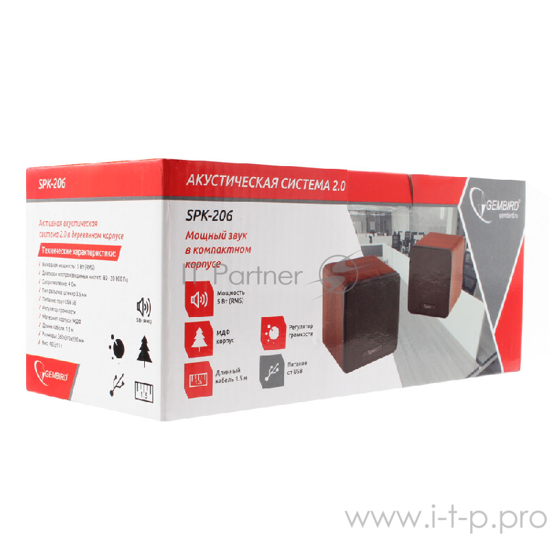 Акустич. система 2.0 Gembird SPK-206, МДФ, коричневый, 5 Вт, регулятор громкости, USB-питание