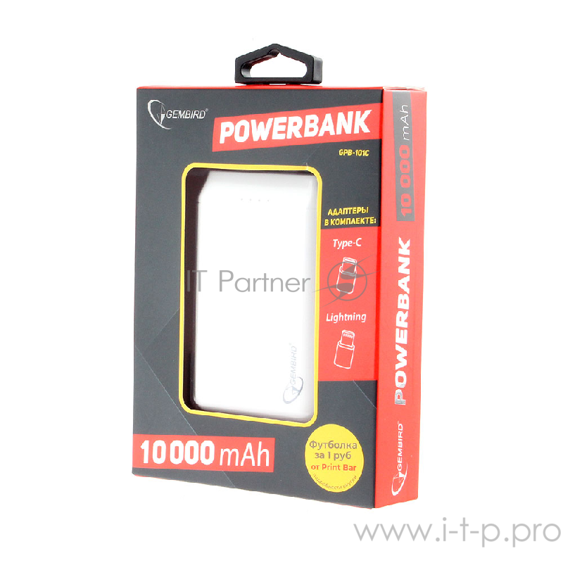 Портативный аккумулятор Gembird GPB-101С, 10000мА/ч, USB, type-c, 2.1A, белый
