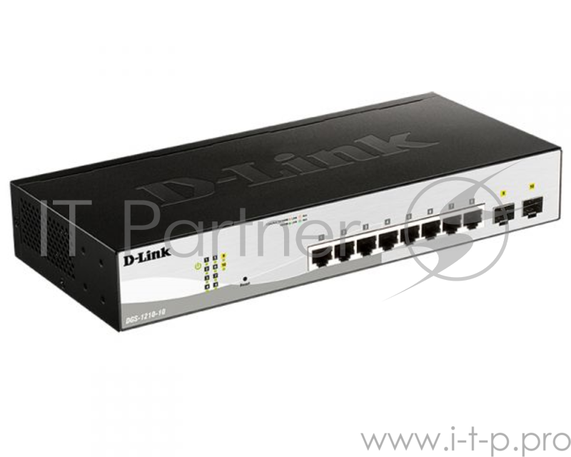 Коммутатор D-Link DGS-1210-10/FL1A, L2 Managed Switch with 8 10/100/1000Base-T ports and 2 1000Base-X SFP ports.8K Mac address, 802.3x Flow Control, 256 of 802.1Q VLAN, VID range 1-4094, 802.1p Priority Queues