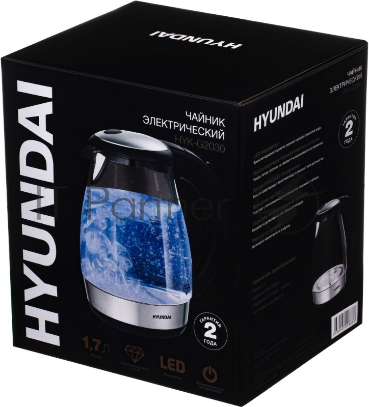 Чайник электрический Hyundai HYK-G2030 1.7л. 2200Вт черный (корпус: стекло)