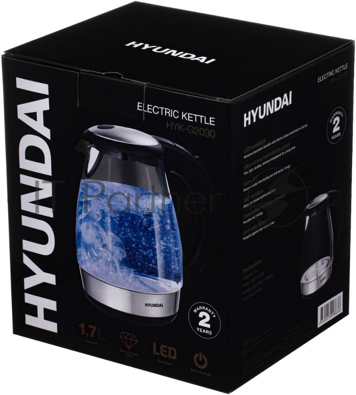 Чайник электрический Hyundai HYK-G2030 1.7л. 2200Вт черный (корпус: стекло)