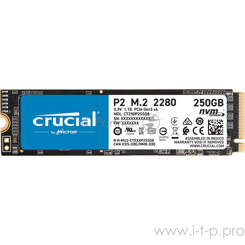 Твердотельный накопитель Crucial P2 SSD 250GB, M.2 (2280), PCIe Gen 3.0, NVMe, R2100/W1150, 150 TBW