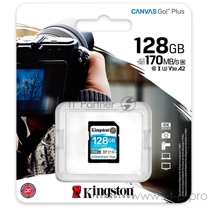 Карта памяти Kingston 128GB SDXC Canvas Go Plus 170R C10 UHS-I U3 V30 EAN: 740617301458