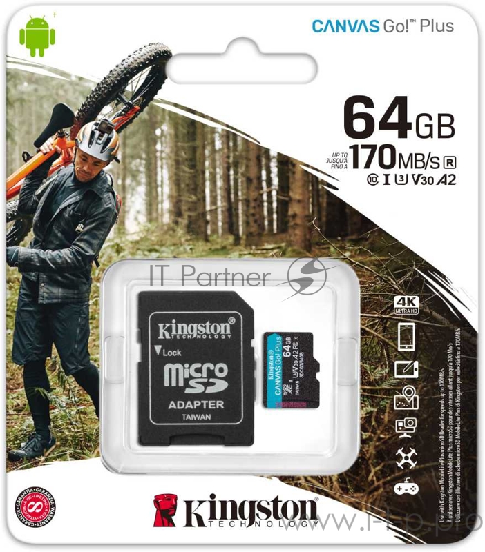 Карта памяти Kingston 64GB microSDXC Canvas Go Plus 170R A2 U3 V30 Card + ADP EAN: 740617301045