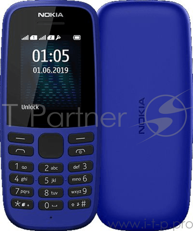 Nokia 105 SS TA-1203 Blue Мобильный телефон1.77 160x120, 4MB RAM, 4MB, 1 Sim, 2G, Micro-USB, 800mAh, S30+, 74,04 г, 119 ммx49,2 ммx14,4 мм