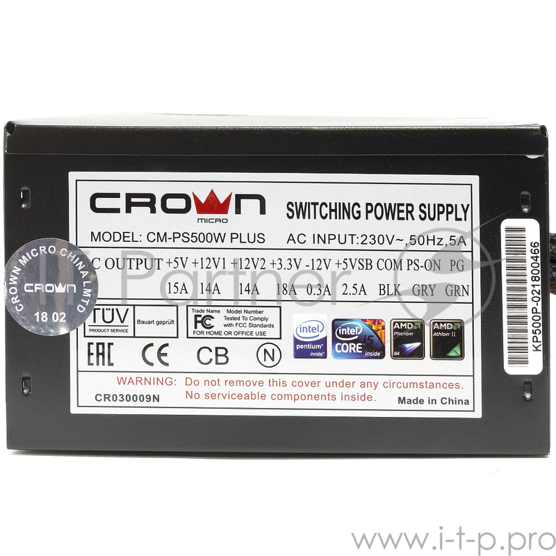 Блок питания CROWN CM-PS500W PLUS (ATX 500W, EMI/CE, 20+4in 450mm, 120mm red FAN, SATA*4, IDE*4, FDD*1, 4+4pin, 6+2pin PCI-E*1, кабель питания 1.2м, слюда)