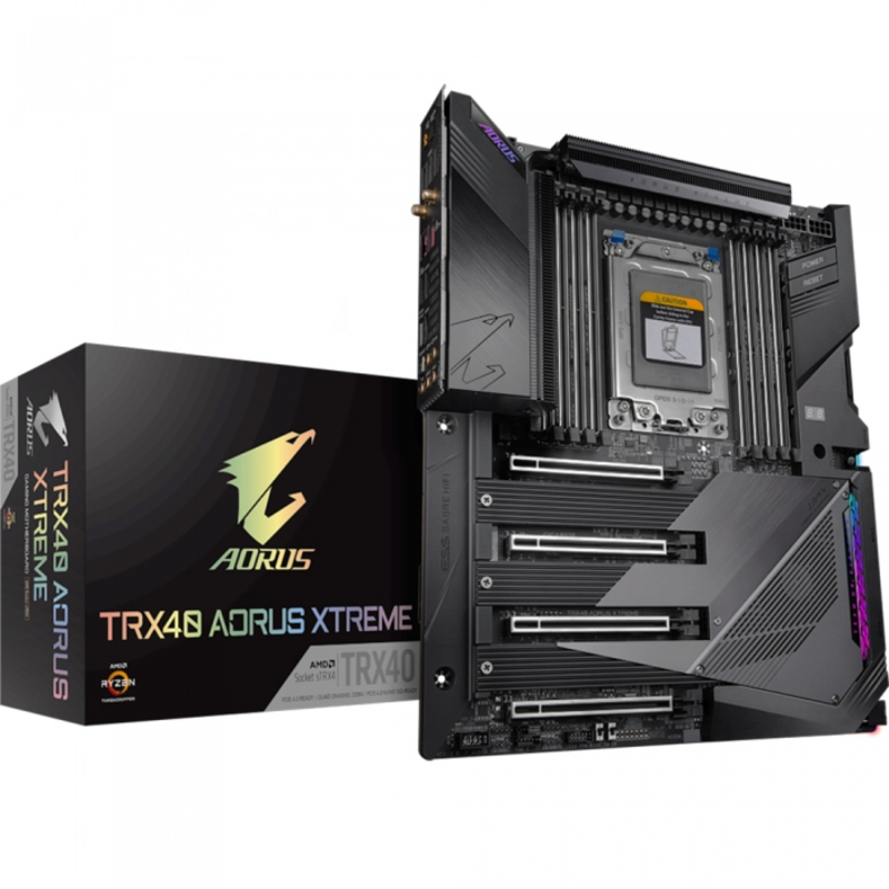 TRX40 AORUS XTREME, Socket sTRX4, AMD TRX40, 8xDDR4-3200, 4xPCI-Ex16, 8xSATA3(RAID 0/1/10), 3xM.2, 8 Ch Audio, 2x10Gb Lan, Wi-Fi, (0+4)xUSB2.0, (7+4)
