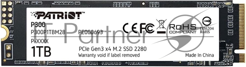 SSD M.2 Patriot 1.0Tb P300 <P300P1TBM28> (PCI-E 3.0 x4, up to 2100/1650MBs, 290000 IOPs, 3D TLC, SMI2263XT, TBW 320Tb, 22х80mm)