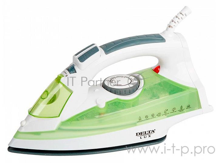 Утюг DELTA LUX DL-350 зеленый (зеленый 2200 Вт, подошва с керамическим покрытием, сухое глажение, разбрызгивание воды, отпаривание, антинакипь, антикапля, паровой удар, самоочистка, вертикальное отпаривание, свет. индикатор,терморегулятор, мерный ст