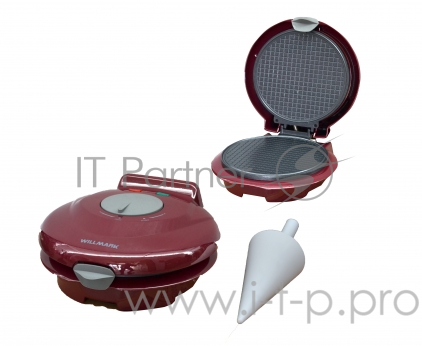 Вафельница WILLMARK WM-103R (1 круглая ваф. форма, терморегулятор, 750Вт, конус для морож., красная)