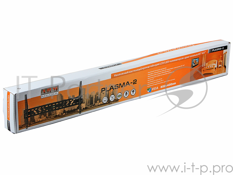 Кронштейн ARM Media PLASMA-2 black, для LED/LCD/ ТВ 37-63, max 50 кг, настенный, 1 ст свободы, наклон 10°, от стены 44 мм , max VESA 800x400 мм