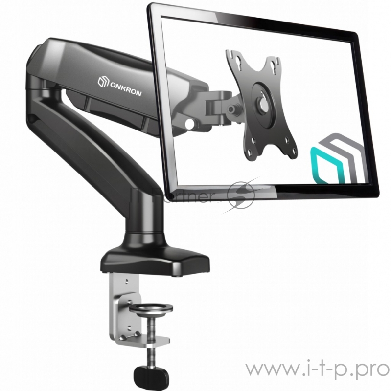 Кронштейн для мониторов ONKRON G80 BLACK / 13-27 ГАЗЛИФТ макс 100*100 наклон -45º/+90º, поворот +-90°, 2 колена, от стены: до 450мм, крепление к столу 10-85мм, вес до 6.5кг, черный