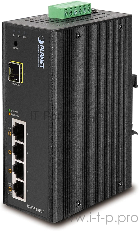 ISW-514PSF индустриальный PoE коммутатор для монтажа в DIN-рейку IP30 4-Port/TP+1-Port Fiber(SFP) Web/Smart POE Industrial Fast Ethernet Switch (-10 to 60 C)