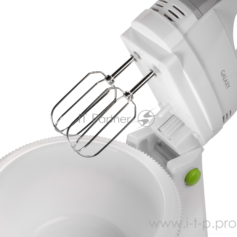 Миксер Galaxy GL2216, белый(4шт) Миксер электрический мощность 400 Вт, 5скоростей + режим “ТУРБО”, 2насадки-венчика, 2насадки для замешивания теста, вращающаяся пластиковая чаша объемом2 л с подставкой в комплекте, возможность работы без подставки,