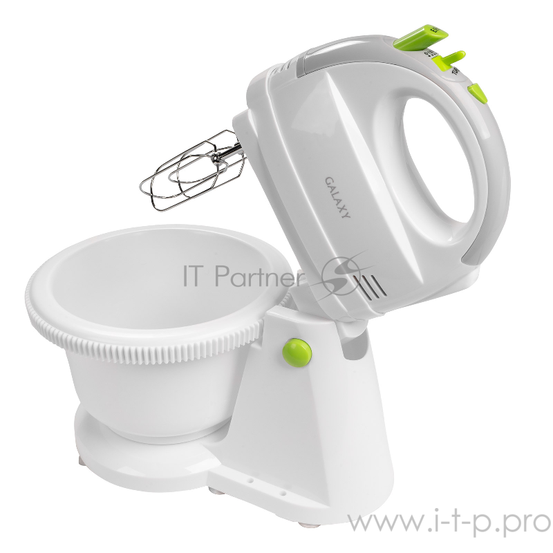 Миксер Galaxy GL2216, белый(4шт) Миксер электрический мощность 400 Вт, 5скоростей + режим “ТУРБО”, 2насадки-венчика, 2насадки для замешивания теста, вращающаяся пластиковая чаша объемом2 л с подставкой в комплекте, возможность работы без подставки,
