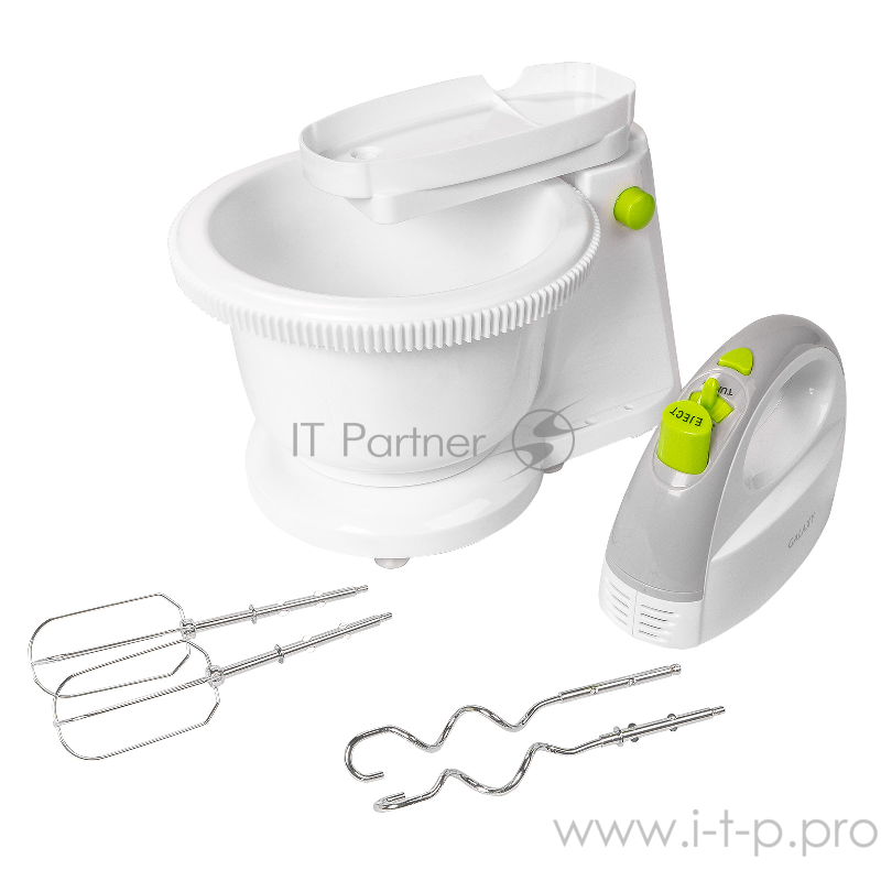 Миксер Galaxy GL2216, белый(4шт) Миксер электрический мощность 400 Вт, 5скоростей + режим “ТУРБО”, 2насадки-венчика, 2насадки для замешивания теста, вращающаяся пластиковая чаша объемом2 л с подставкой в комплекте, возможность работы без подставки,
