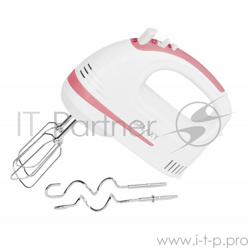 Миксер Galaxy GL2211, белый/розовый Миксер электрический мощность300 Вт, 2 насадки-венчика .2 насадки для замешивания теста. 5 скоростей + режим ТУРБО , кнопка для извлечения насадок, 220-240 В ,50Гц