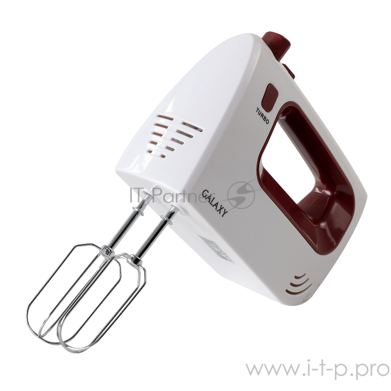 Миксер Galaxy GL2215, белый/бордовый Миксер электрический 300 Вт, 5скоростей + режим “ТУРБО”, 2насадки-венчика, 2насадки для замешивания теста, кнопка для извлечения насадок, книга рецептов, 220-240 В, 50 Гц