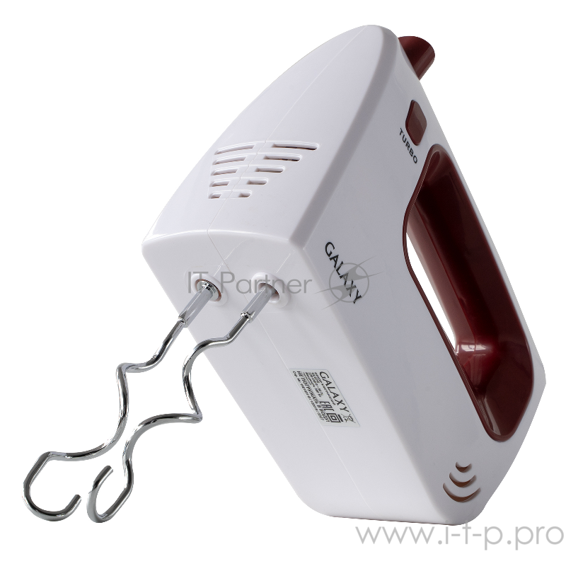 Миксер Galaxy GL2215, белый/бордовый Миксер электрический 300 Вт, 5скоростей + режим “ТУРБО”, 2насадки-венчика, 2насадки для замешивания теста, кнопка для извлечения насадок, книга рецептов, 220-240 В, 50 Гц