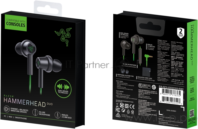 Гарнитура Razer Hammerhead Duo Console - Green Razer Hammerhead Duo Console - Green- Wired In-Ear Headphones - FRML Packaging