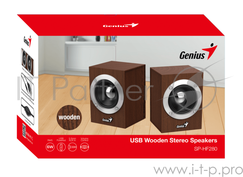 Колонки GENIUS SP-HF280 wooden USB {Проводной пульт регулировки громкости для легкого управления}