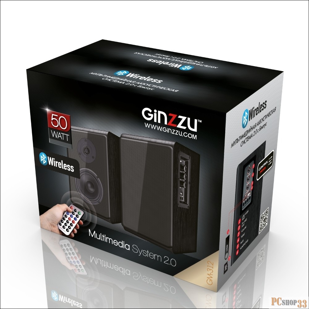 Колонки Ginzzu GM-312 2.0, 2x25W/BT/USB/SD/AUX/ДУ