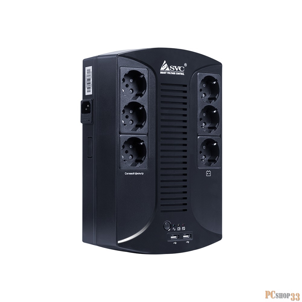 Источник Бесперебойного питания UPS. SVC, U-650-L, Smart, USB, Диапазон работы AVR: 145-290В, Бат.: 12В/7 Ач., 6 вых.: Shuko CEE7(3 с работой от батареи, 3 сетевой фильтр), USB 5В/2