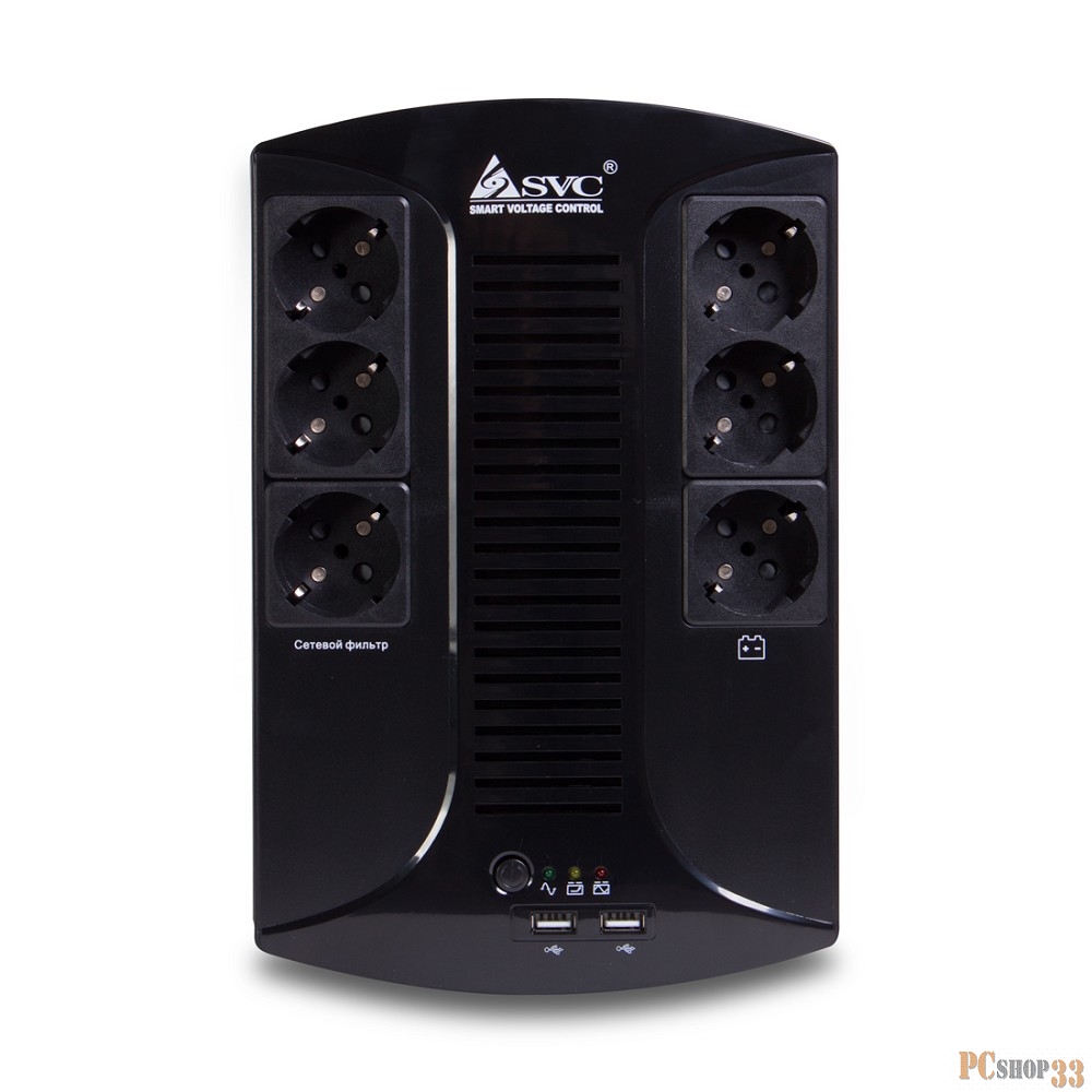 Источник Бесперебойного питания UPS. SVC, U-650-L, Smart, USB, Диапазон работы AVR: 145-290В, Бат.: 12В/7 Ач., 6 вых.: Shuko CEE7(3 с работой от батареи, 3 сетевой фильтр), USB 5В/2