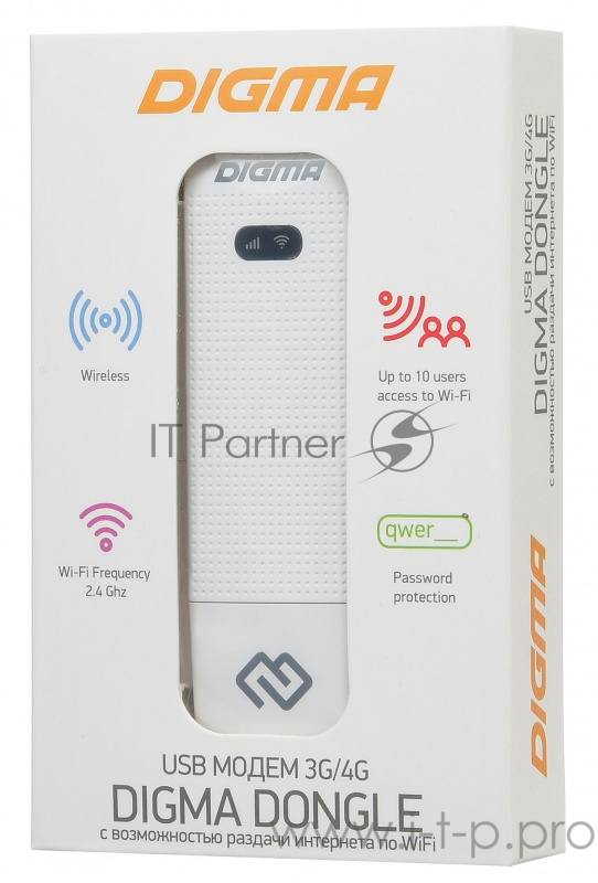 Модем 3G/4G Digma Dongle USB Wi-Fi Firewall +Router внешний белый