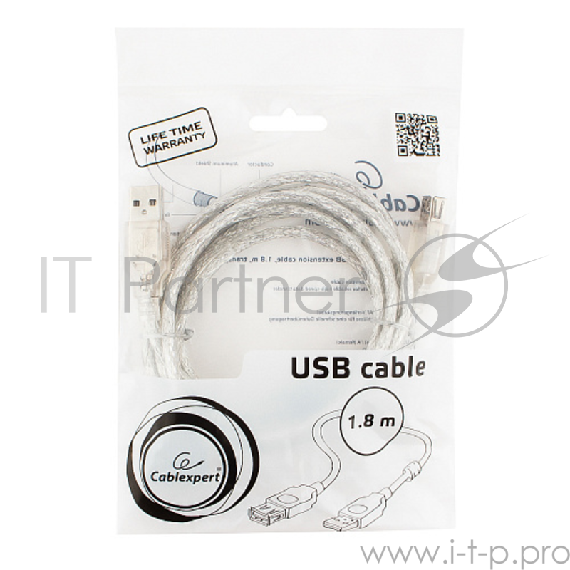Кабель Cablexpert Кабель удлинитель USB2.0 Pro, AM/AF, 1,8м, экран, 2 феррит.кольца, прозрачный (CCF-USB2-AMAF-TR-6)