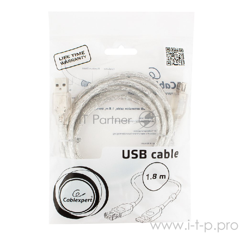 Кабель Cablexpert Кабель удлинитель USB2.0 Pro, AM/AF, 1,8м, экран, 2 феррит.кольца, прозрачный (CCF-USB2-AMAF-TR-6)