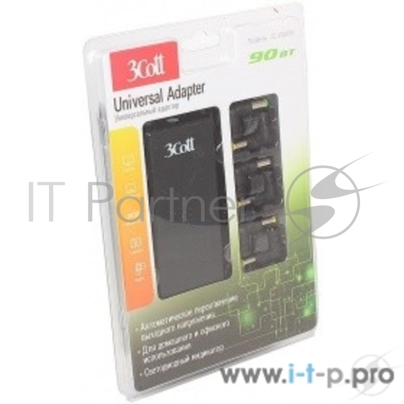 Аксессуар к ноутбуку 3Cott 3C-WA090 Универсальный адаптер питания для ноутбуков 90 Вт, автопереключением, 10 коннекторов, Вх:100В-240В/Вых: 9.5В-24В (369085)