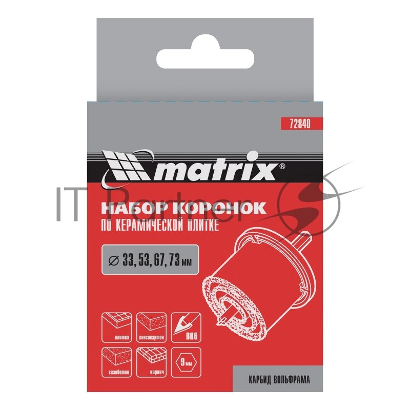 Набор коронок по керамической плитке MATRIX 72840, 33-53-67-73 мм, 6-гранный хвостовик