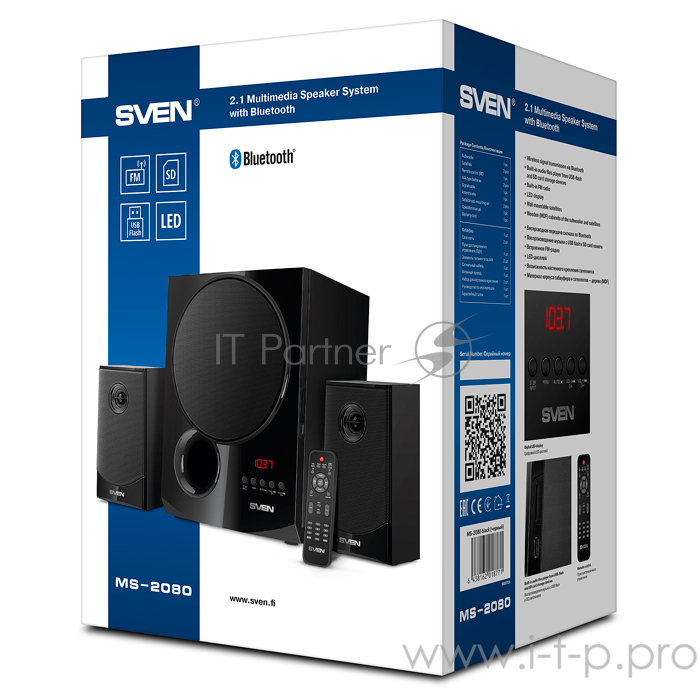 Акустическая система 2.1 SVEN MS-2080 / 70 Watt / ~220V 50Hz / FM-тюнер, USB/ SD, дисплей / BLUETOOTH / ПДУ / Black