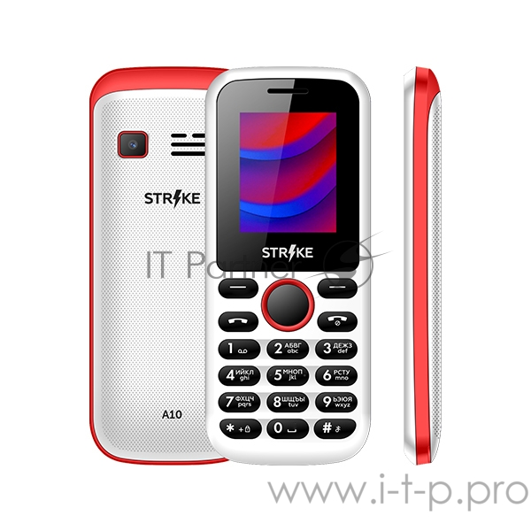 Мобильный телефон Strike A10 White+Red SC6531E, 1, 208MHZ, ThreadX, 32 Mb, 32 Mb, 2G GSM 850/900/1800/1900, Bluetooth Версия 2.1 Экран: 1.77 , 128*160, TFT Основная камера: 0.08 MP, инт. отсутствует, FF, 1, Пластик, F=3, угол обзора60 Фронтальная кам