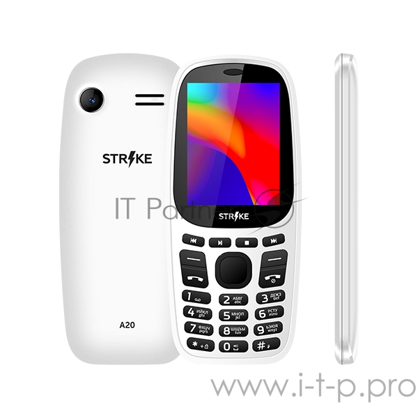 Мобильный телефон Strike A20 White SC6531E, 1, 208MHZ, ThreadX, 32 Mb, 32 Mb, 2G GSM 850/900/1800/1900, Bluetooth Версия 2.1 Экран: 2.4 , 240*320, TN Основная камера: 0.08 MP, инт. отсутствует, FF, 1, Пластик, угол обзора60 Фронтальная камера: отсутс