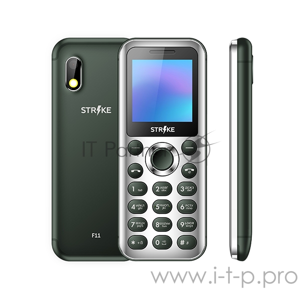 Мобильный телефон Strike F11 Green MTK 6261D, 1, 260 MHz, 32 Mb, 32 Mb, 2G GSM 900/1800 мГц, Bluetooth Версия 3.0 Экран: 1.44 , 128*128, Основная камера: 0.08 MP, инт. отсутствует, FF, 1, Пластик, F=1, вспышка Фронтальная камера: отсутствует, Кол-во