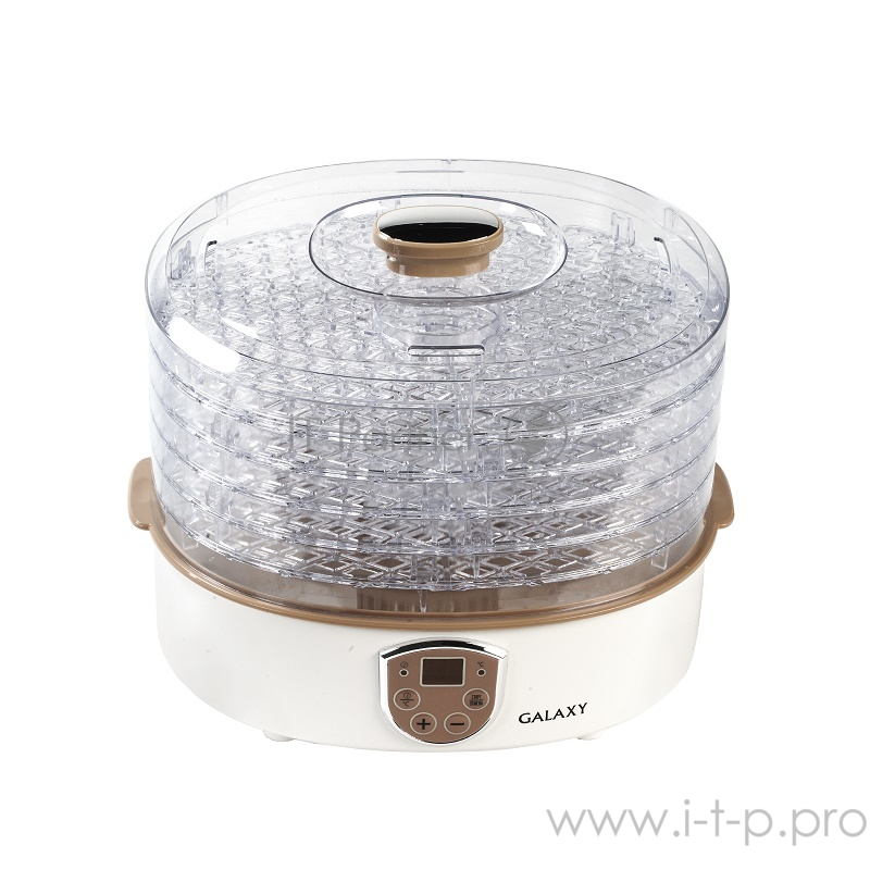 Сушилка для овощей и фруктов Galaxy GL2637, белый/коричневый(4шт) Сушилка электрическая для овощей и фруктов мощность 350 Вт,5 прозрачных регулируемых по высоте поддонов, регулировка времени и температуры сушки, светодиодный дисплей ,220-240 В 50 Г