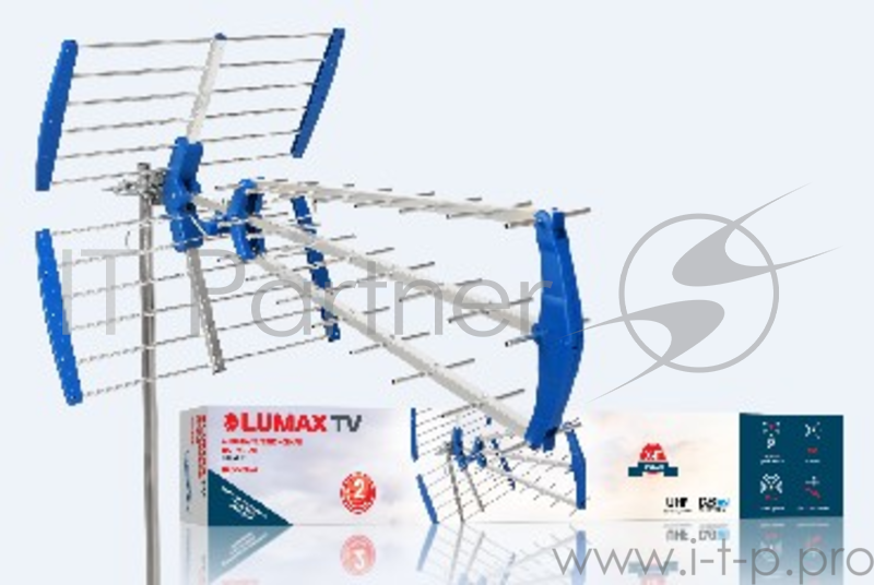 Антенна LUMAX DA2505P антенна эфирная, пассивная Пассивная антенна для просмотра цифрового и аналогового телевидения, формат сети DVB-T2, с частотным диапазоном UHF, усиление до 17 дБ, радиус приема до 35 км, волновое сопротивление 75 Ом, выполнена и