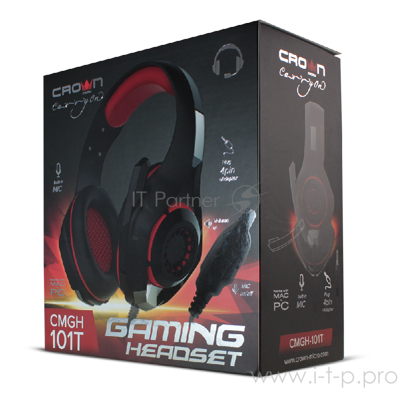 Наушники CROWN CMGH-101T Black&red (Подключение jack 3.5мм 4pin+ адаптер 2*jack spk+mic,Частотныи? диапазон: 20Гц-20,000 Гц ,Кабель 2.1м,Размер D 250мм, регулировка громкости, микрофон на ножке)