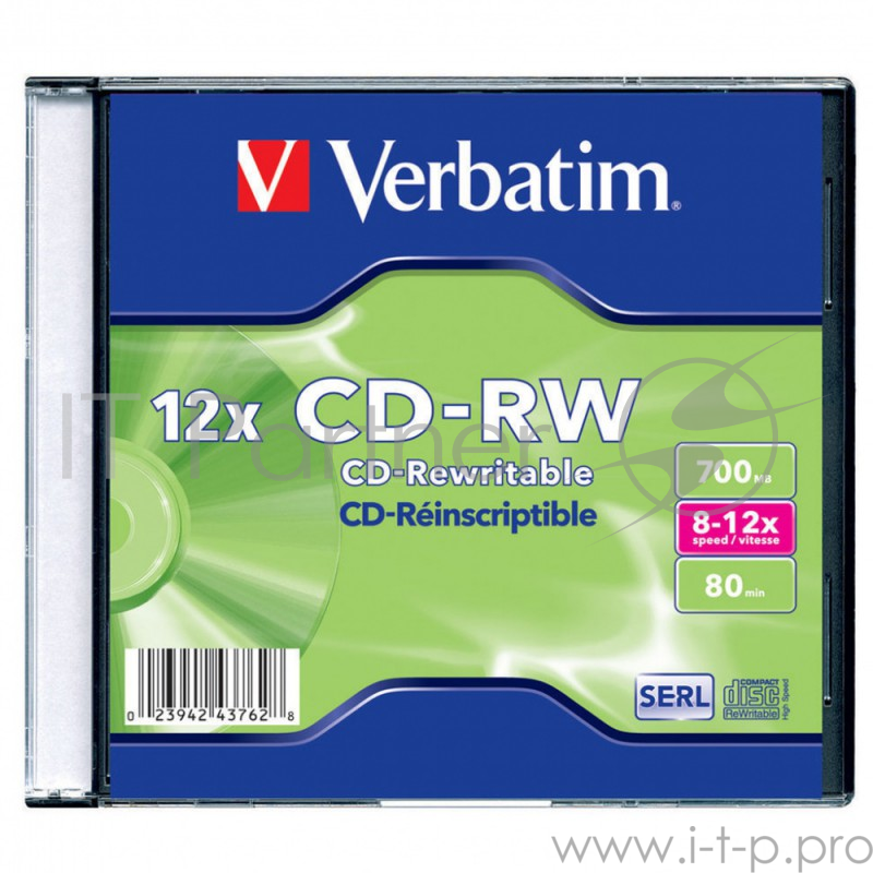 Диск Verbatim Диск CD-RW 700Mb 8-12x Slim case (20шт) (43762)